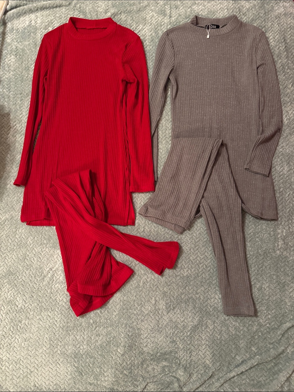 Ribbed Knit Two-Piece Set - Red and Taupe